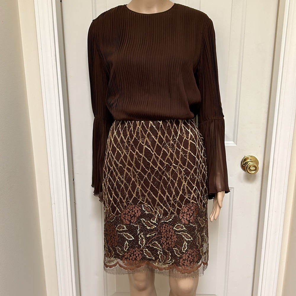 Vintage 80s James Galanos Silk Chiffon Brown & Gold Lace Mini Cocktail Dress